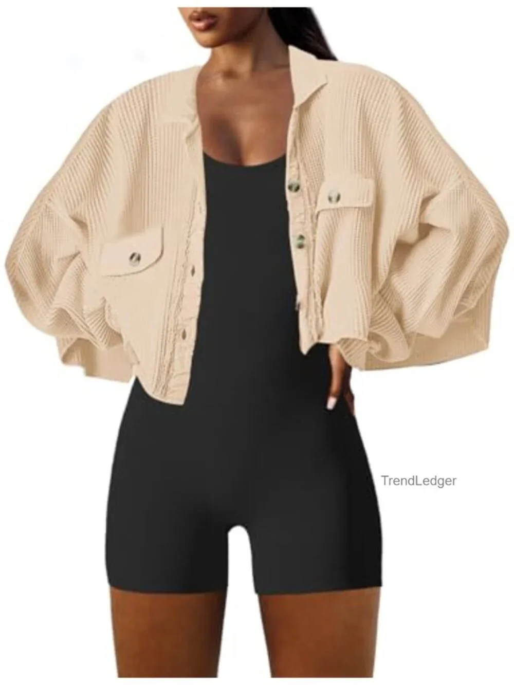 Waffle Knit Cropped Cardigan Button Down Long Sleeve Shacket Oversized